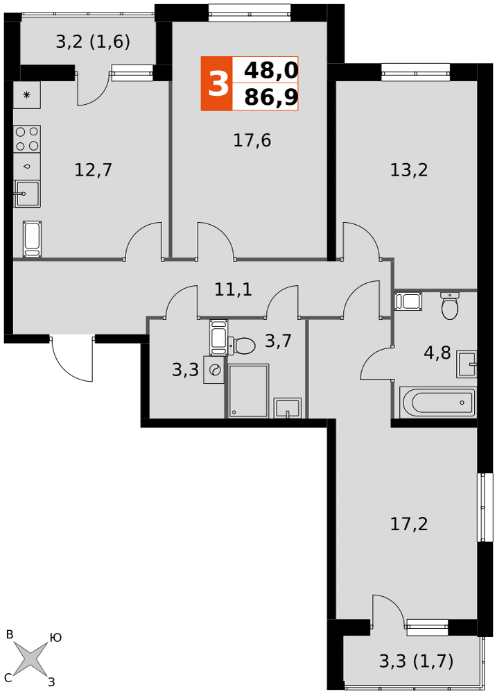 3-комнатная 86 м2 в ЖК Олимп (Обнинск) корпус null этаж 19