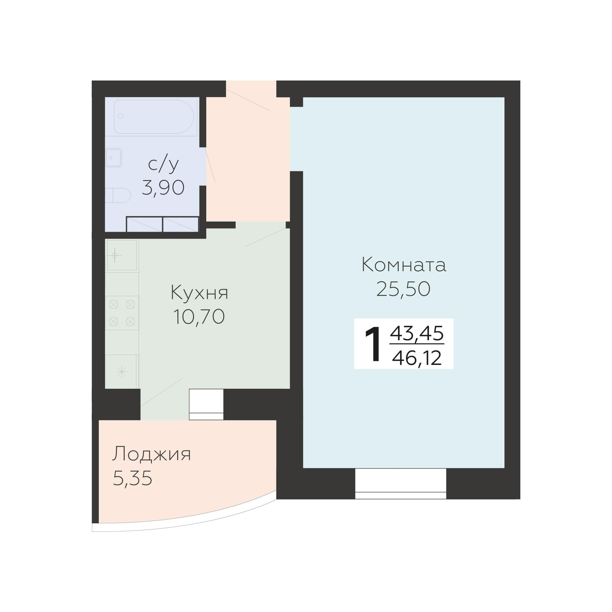 1-комнатная 46 м2 в ЖК Nova парк корпус null этаж 14