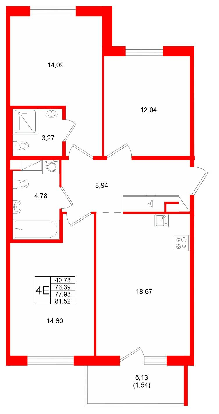 3-комнатная 77 м2 в ЖК IQ Гатчина корпус null этаж 6