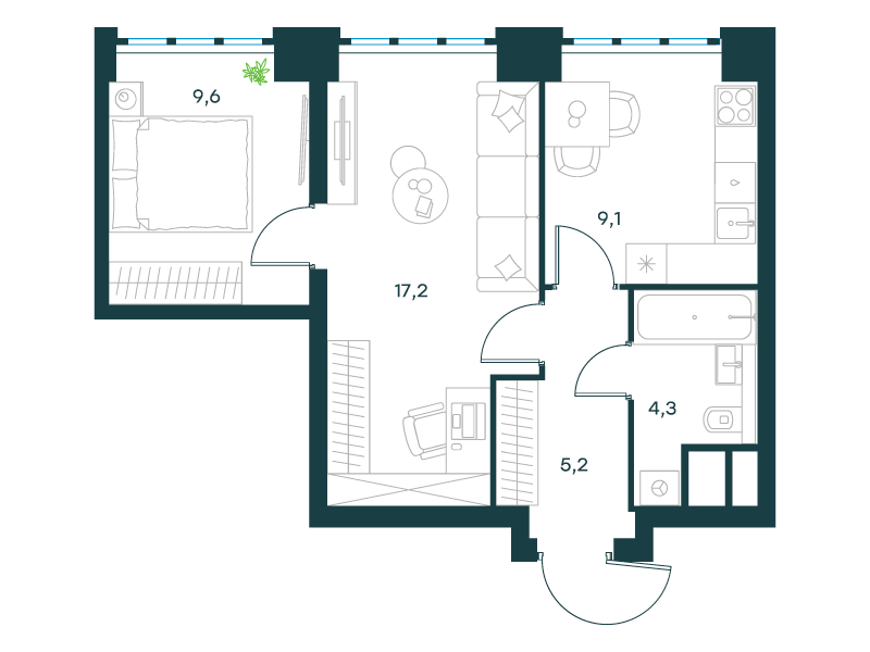 2-комнатная 45 м2 в ЖК Level Южнопортовая корпус null этаж 2