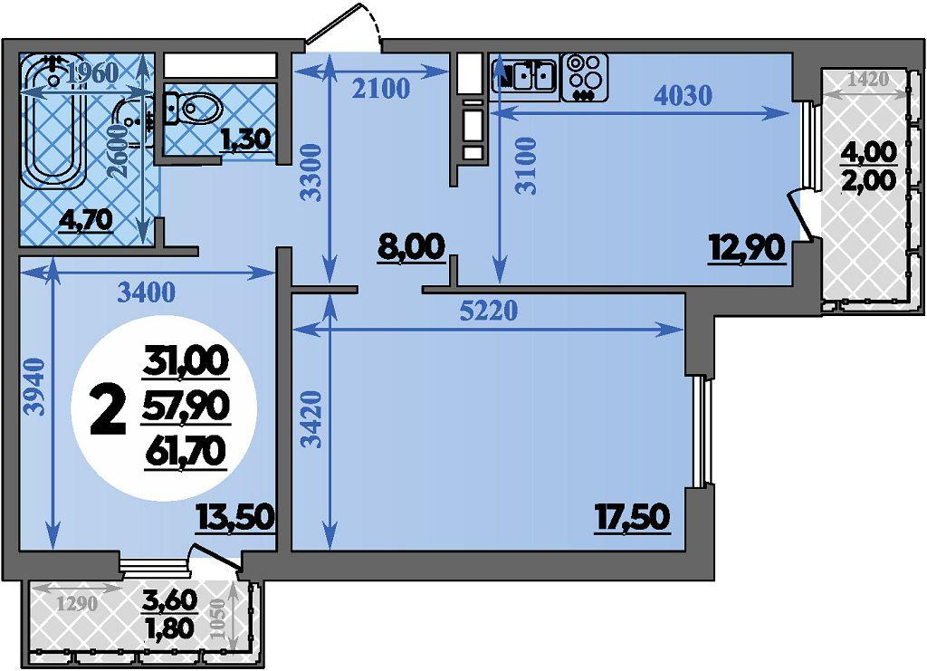 2-комнатная 61 м2 в ЖК Парк у дома корпус null этаж 7