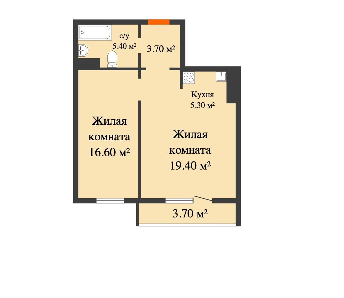 2-комнатная 52.3 м2 в ЖК undefined корпус null этаж 14