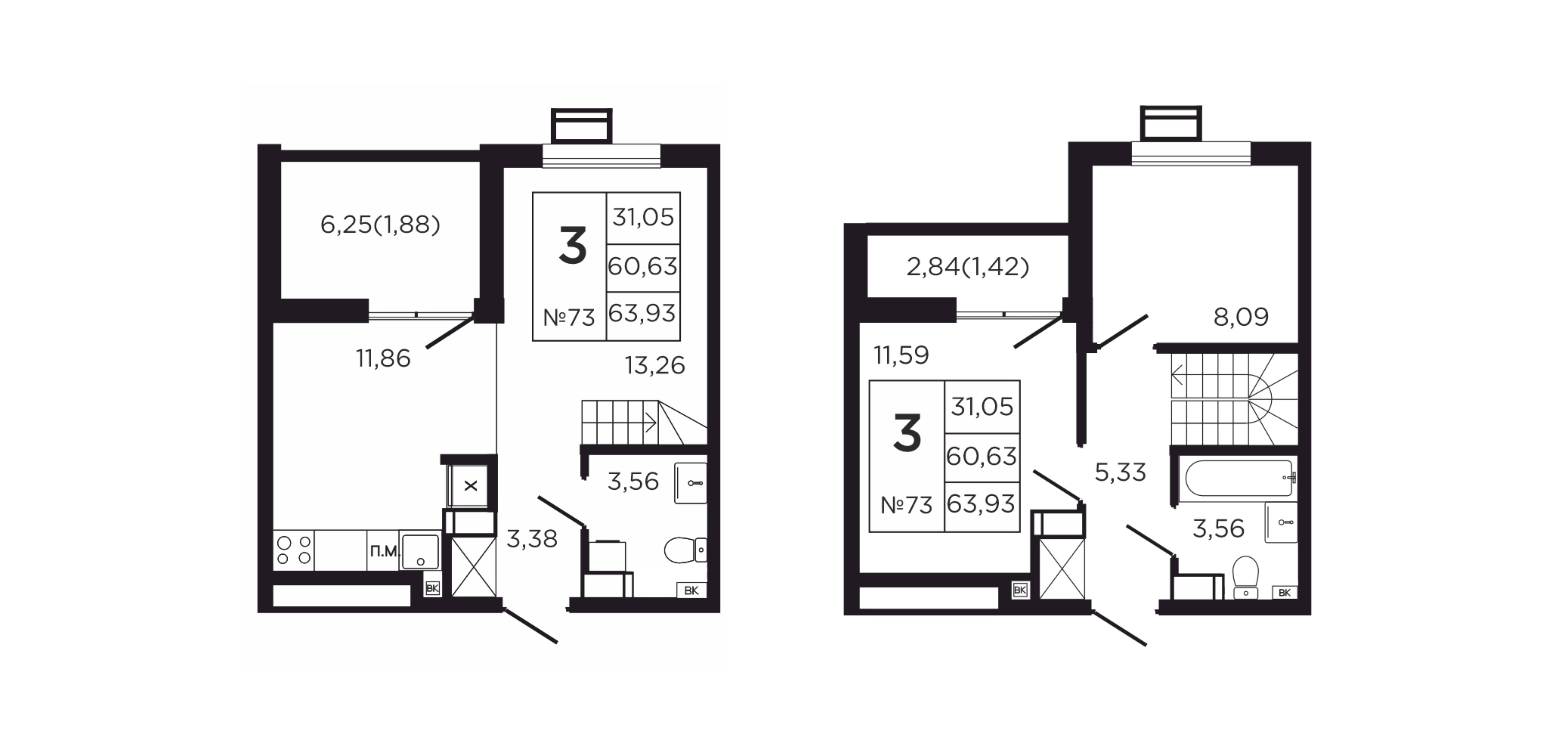 3-комнатная 68 м2 в ЖК Соседи корпус null этаж 8