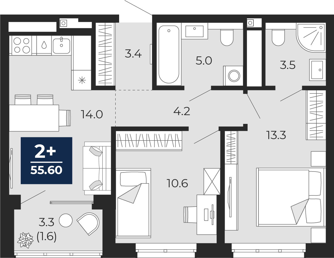 2-комнатная 54 м2 в ЖК Мириады корпус null этаж 14