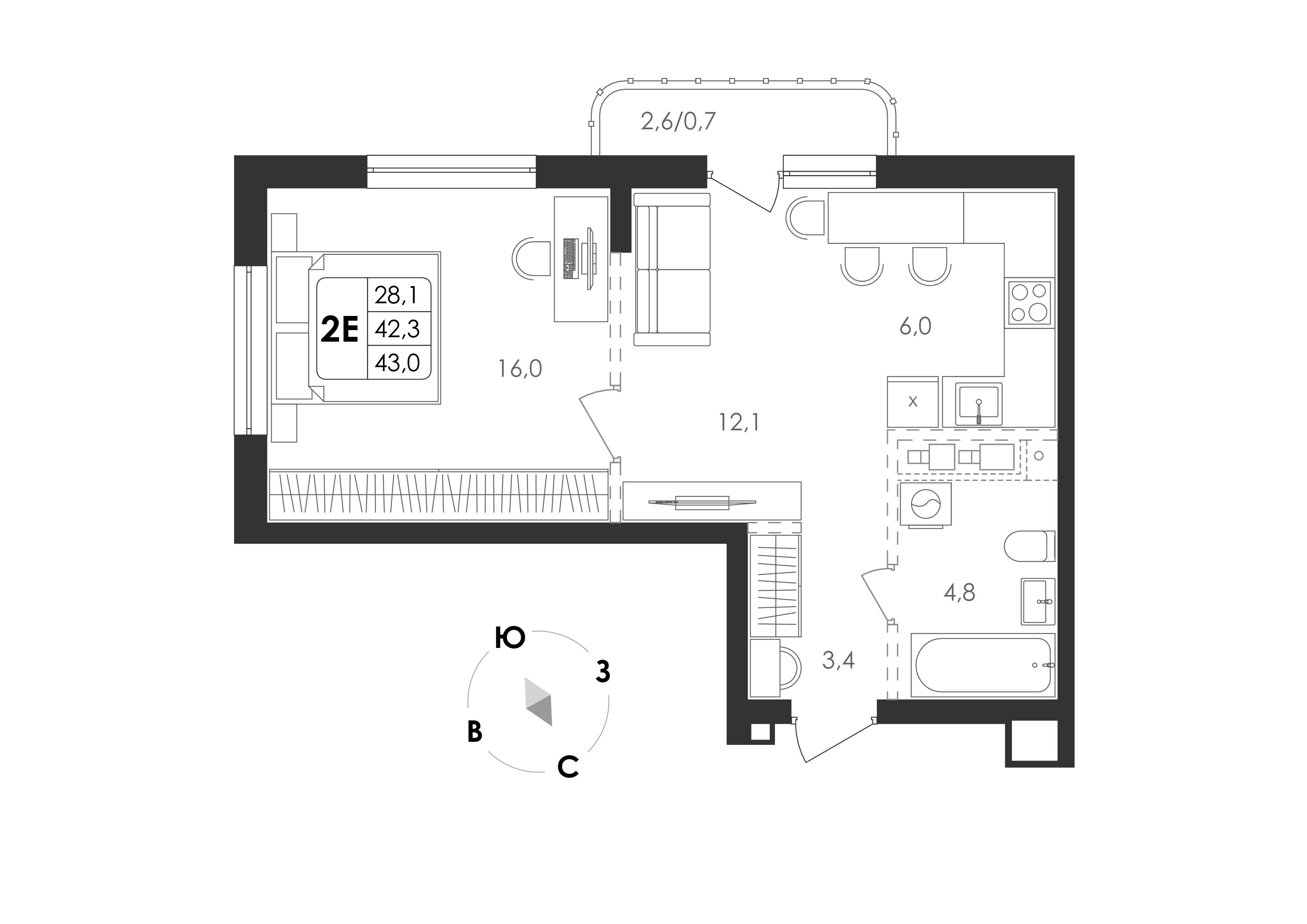 2-комнатная 43 м2 в ЖК Циолковский корпус null этаж 14