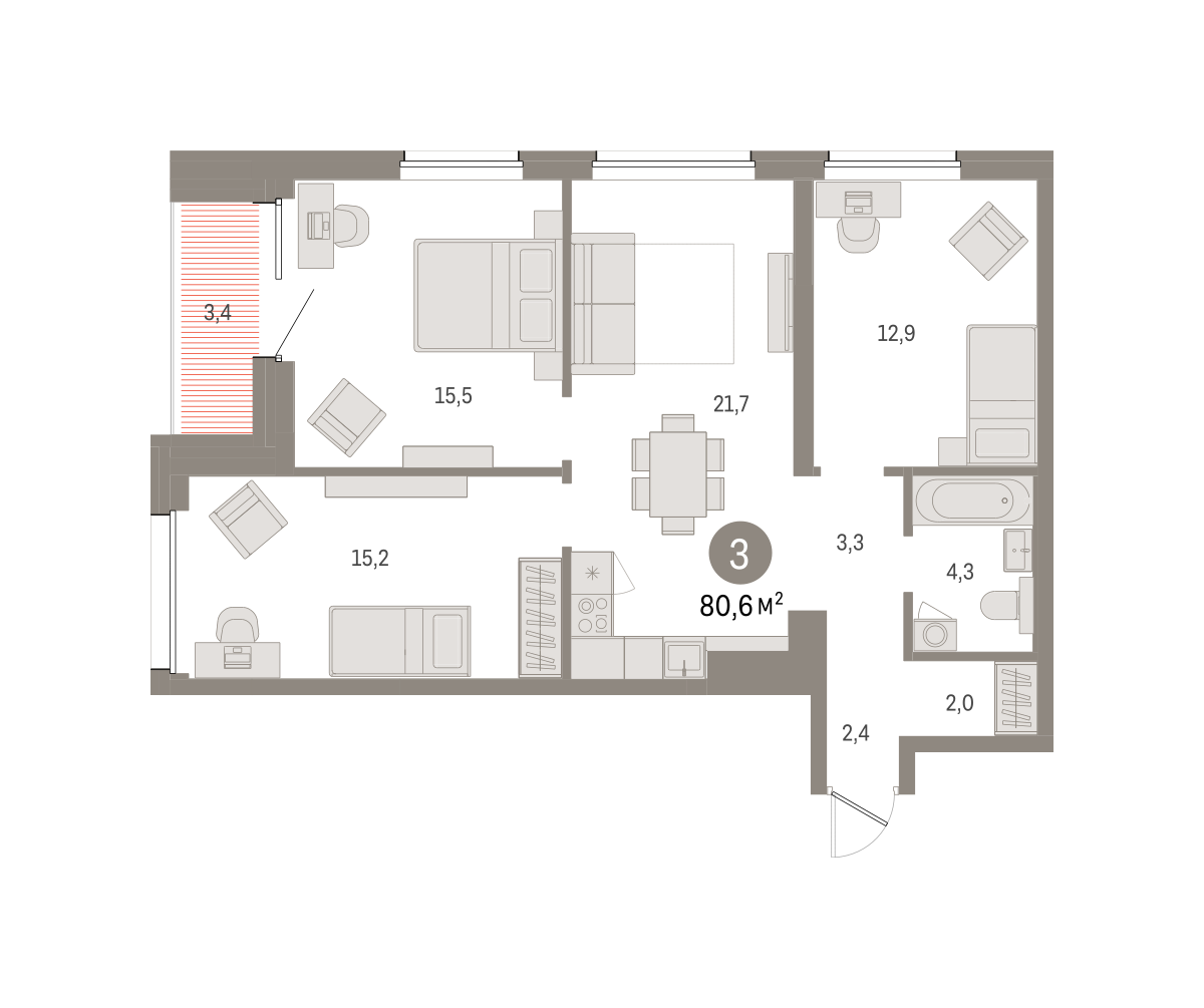3-комнатная 80 м2 в ЖК Северный ветер корпус null этаж 14