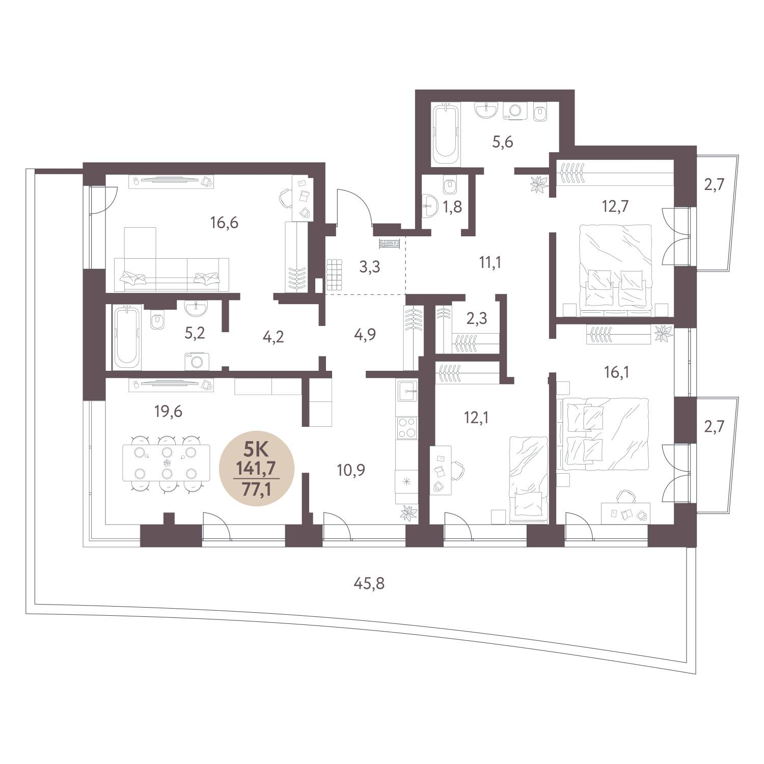 5-комнатная 141 м2 в ЖК Зелёный город корпус null этаж 6