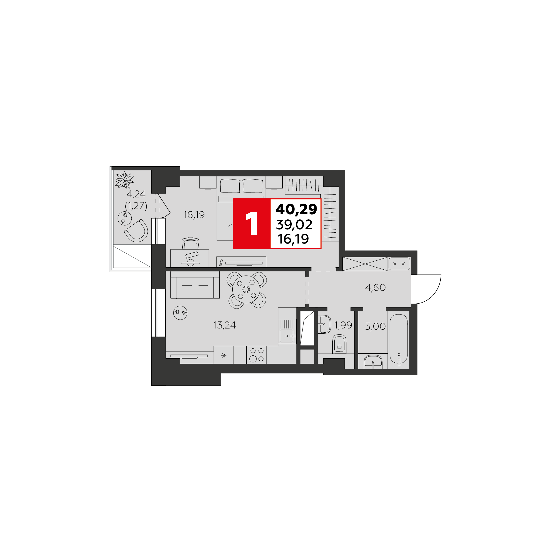 1-комнатная 40 м2 в ЖК Высотка корпус null этаж 7