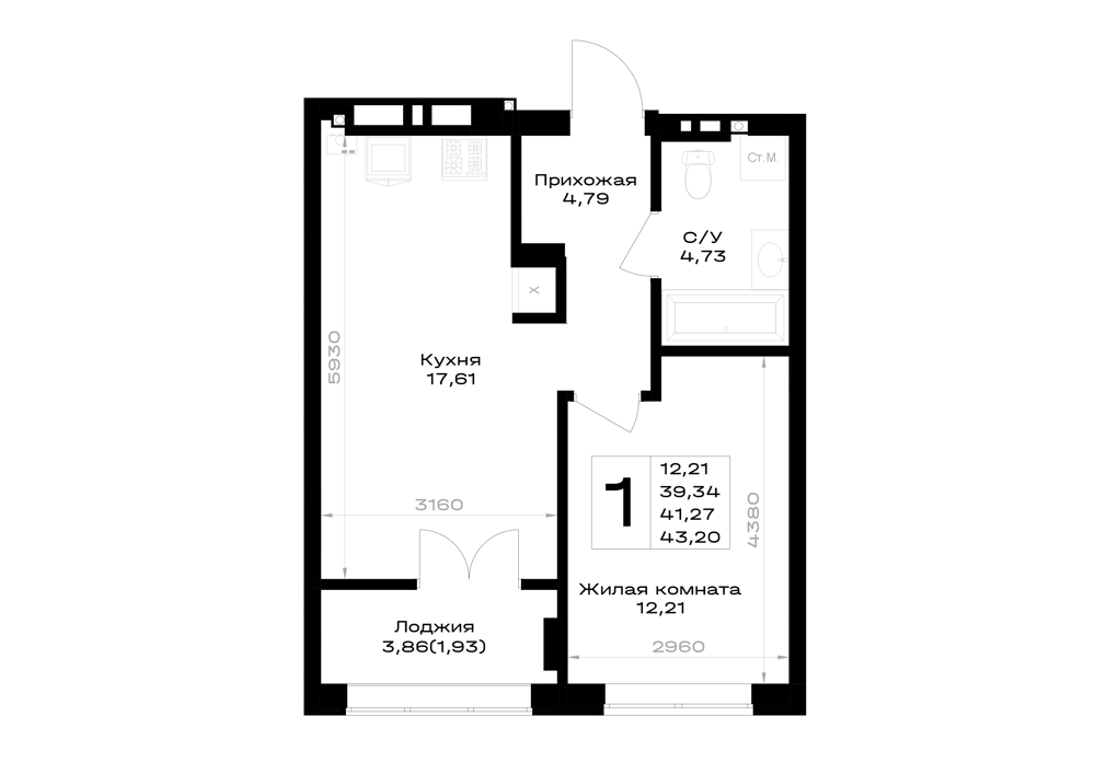 1-комнатная 41 м2 в ЖК Включи корпус null этаж 6