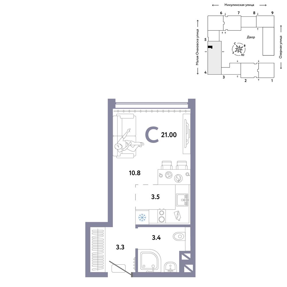 1-комнатная 21 м2 в ЖК Страна.Озёрная корпус null этаж 17