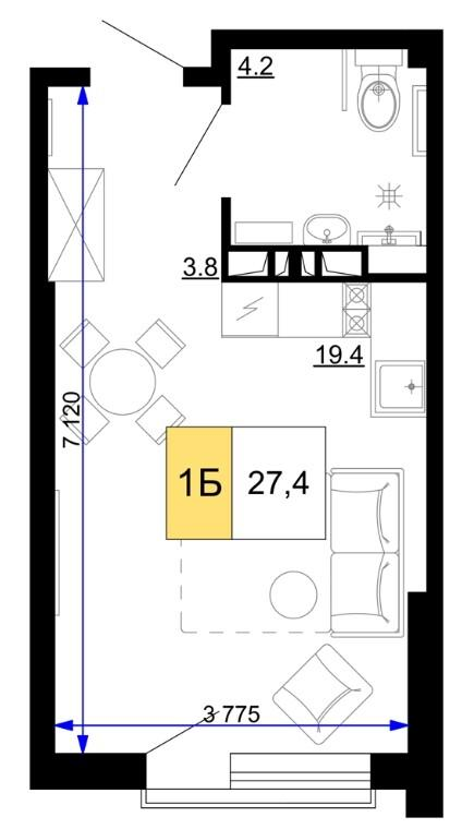 Студия 27.4 м2 в ЖК undefined корпус null этаж 5