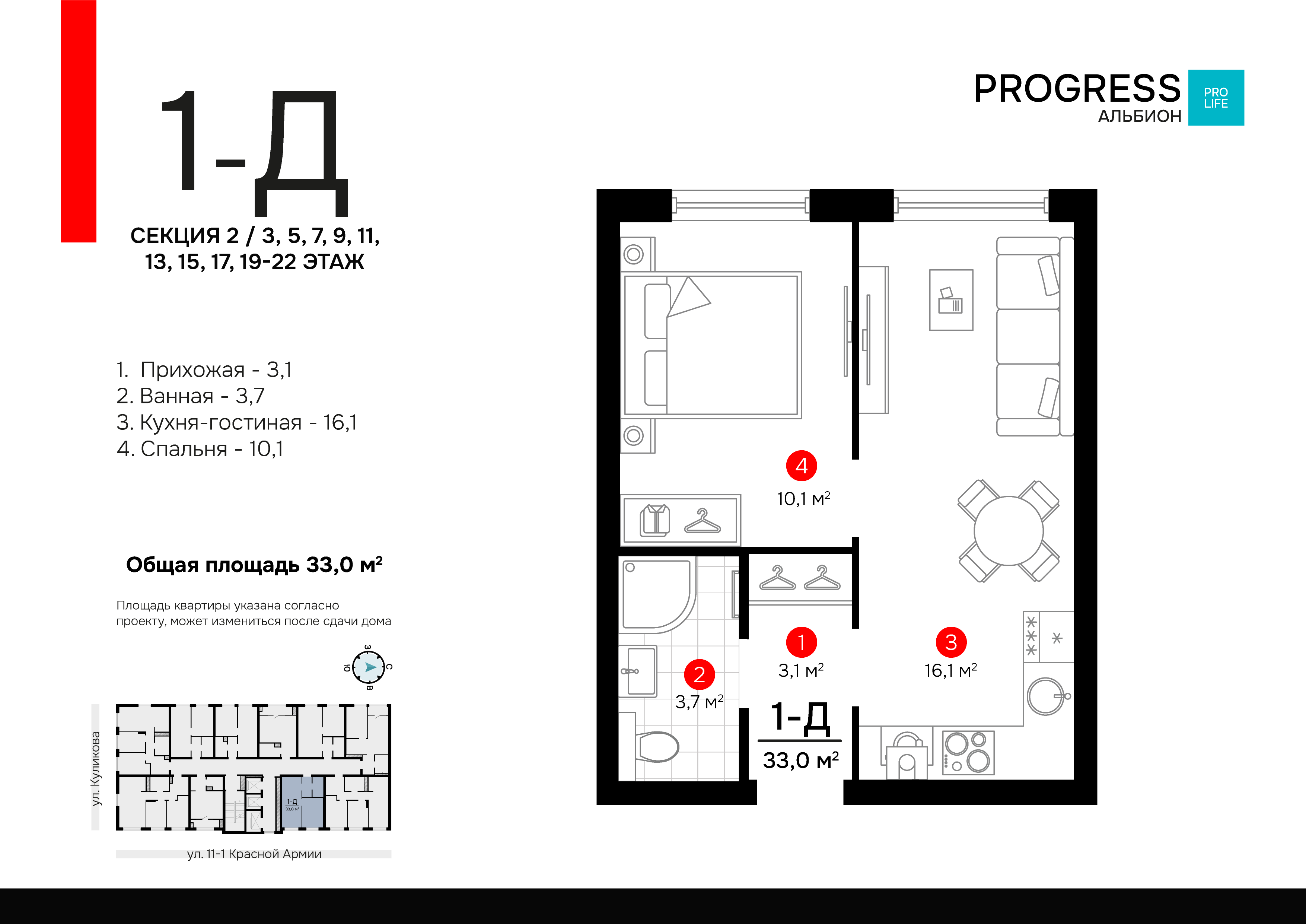 1-комнатная 33 м2 в ЖК Progress Альбион корпус null этаж 11