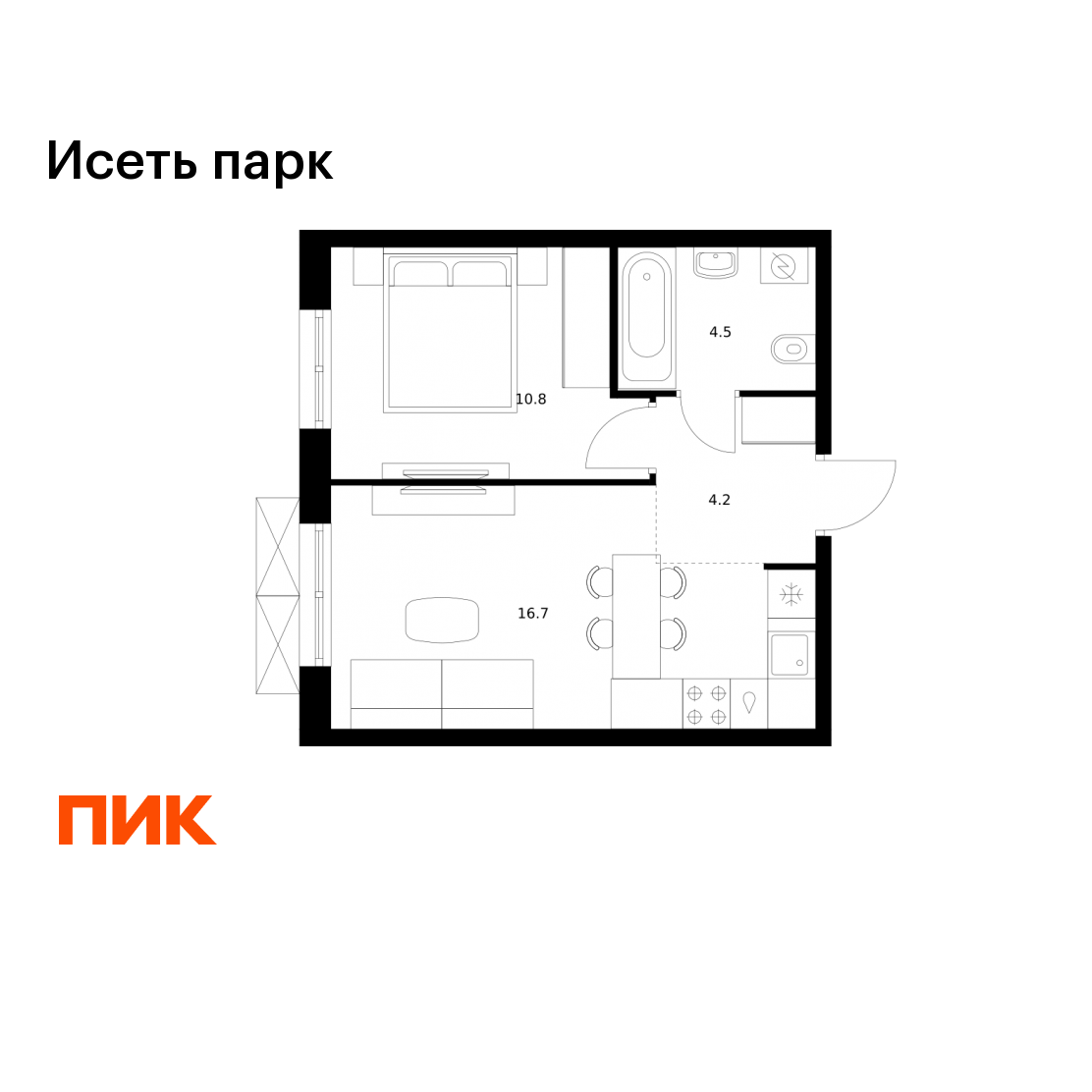1-комнатная 36 м2 в ЖК Исеть парк корпус null этаж 8