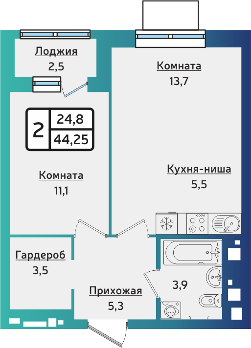 2-комнатная 44 м2 в ЖК ARTNOVA корпус null этаж 2