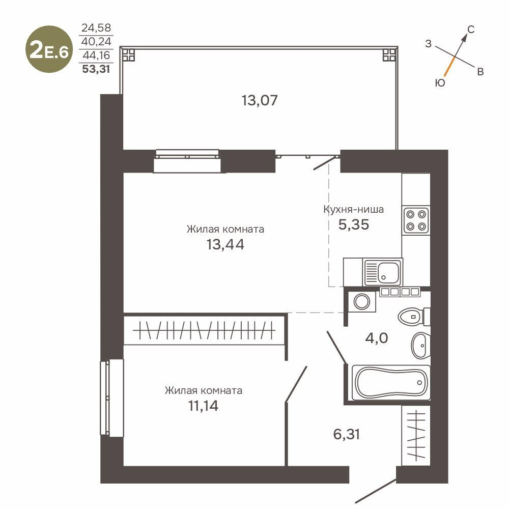 2-комнатная 44 м2 в ЖК Культура корпус null этаж 1