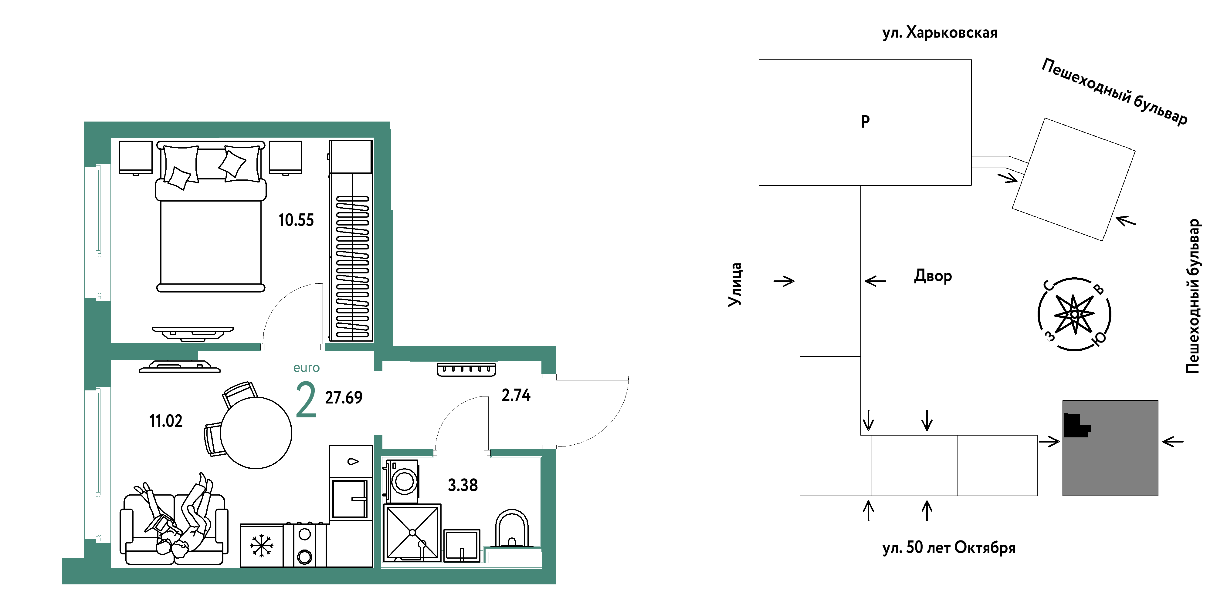 2-комнатная 27 м2 в ЖК Сердце Сибири корпус null этаж 16