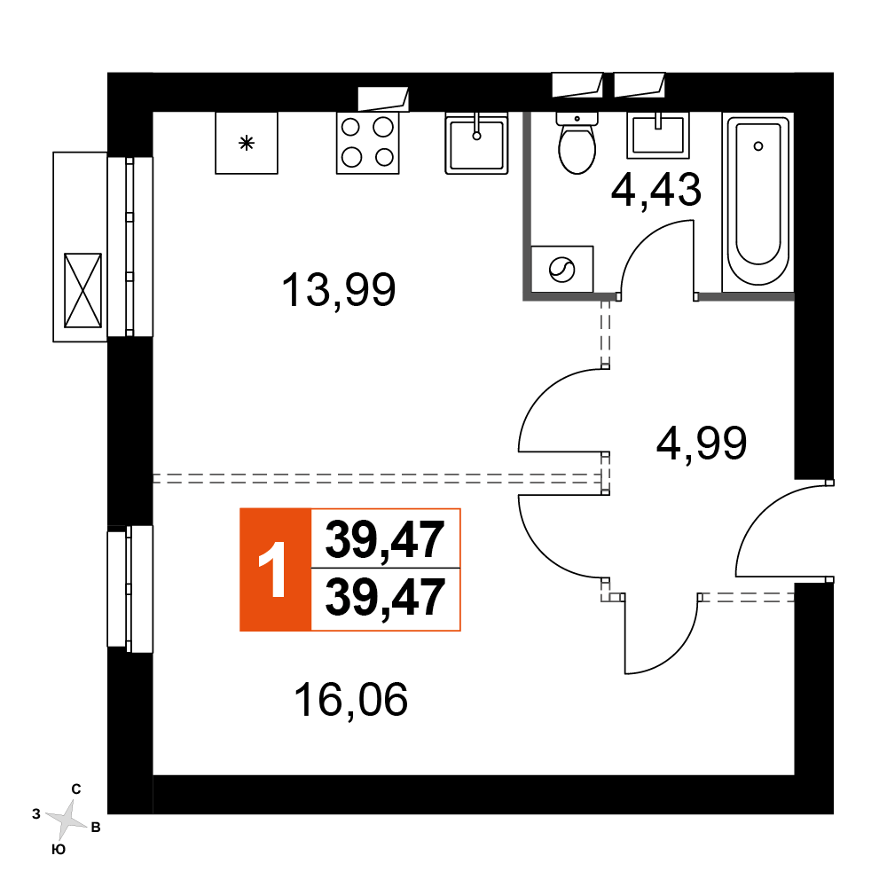 1-комнатная 39 м2 в ЖК Жаворонки Клаб корпус null этаж 4