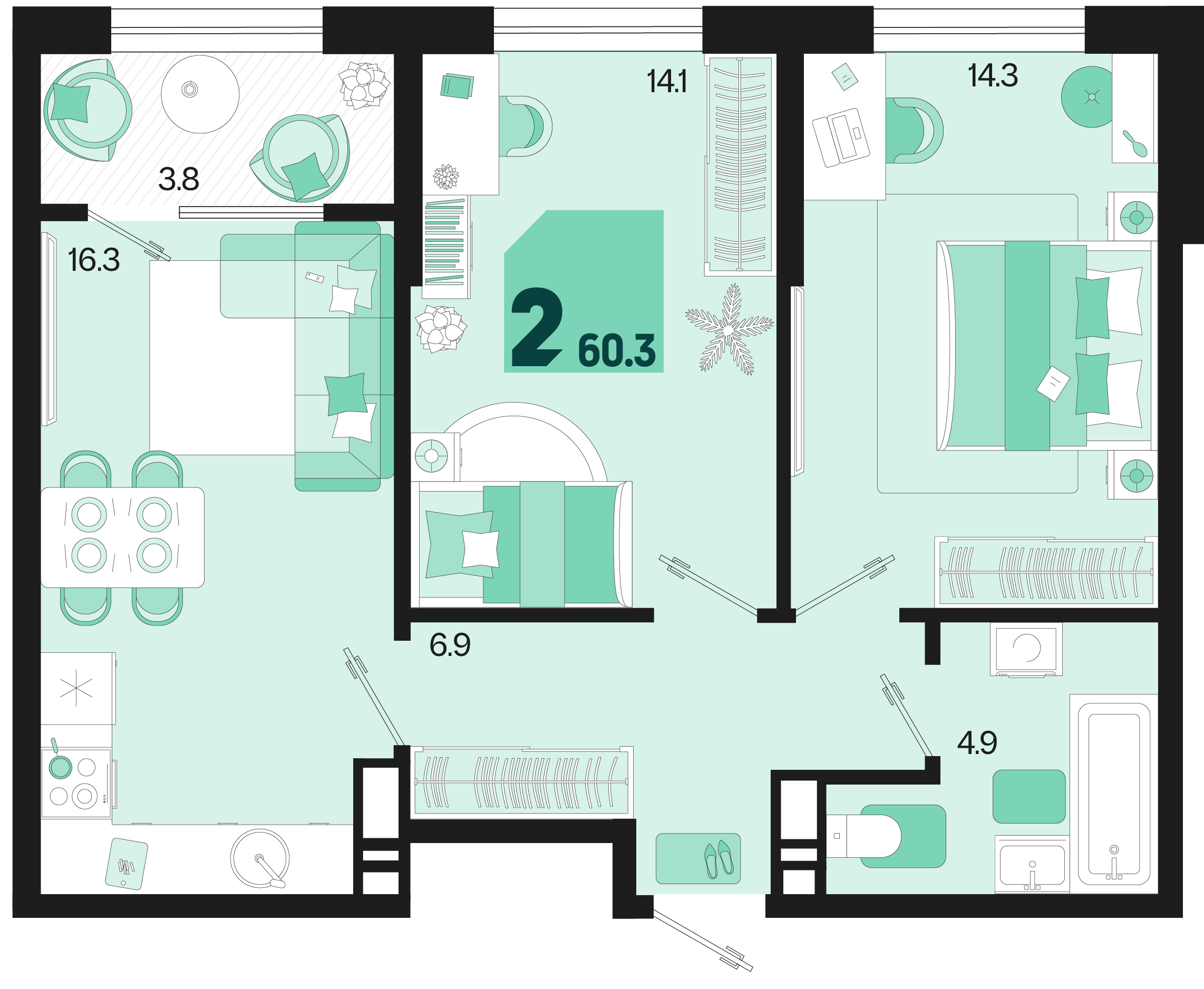 2-комнатная 60 м2 в ЖК Первое место корпус null этаж 5