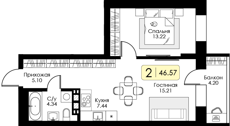 1-комнатная 46 м2 в ЖК Урбан Парк корпус null этаж 12