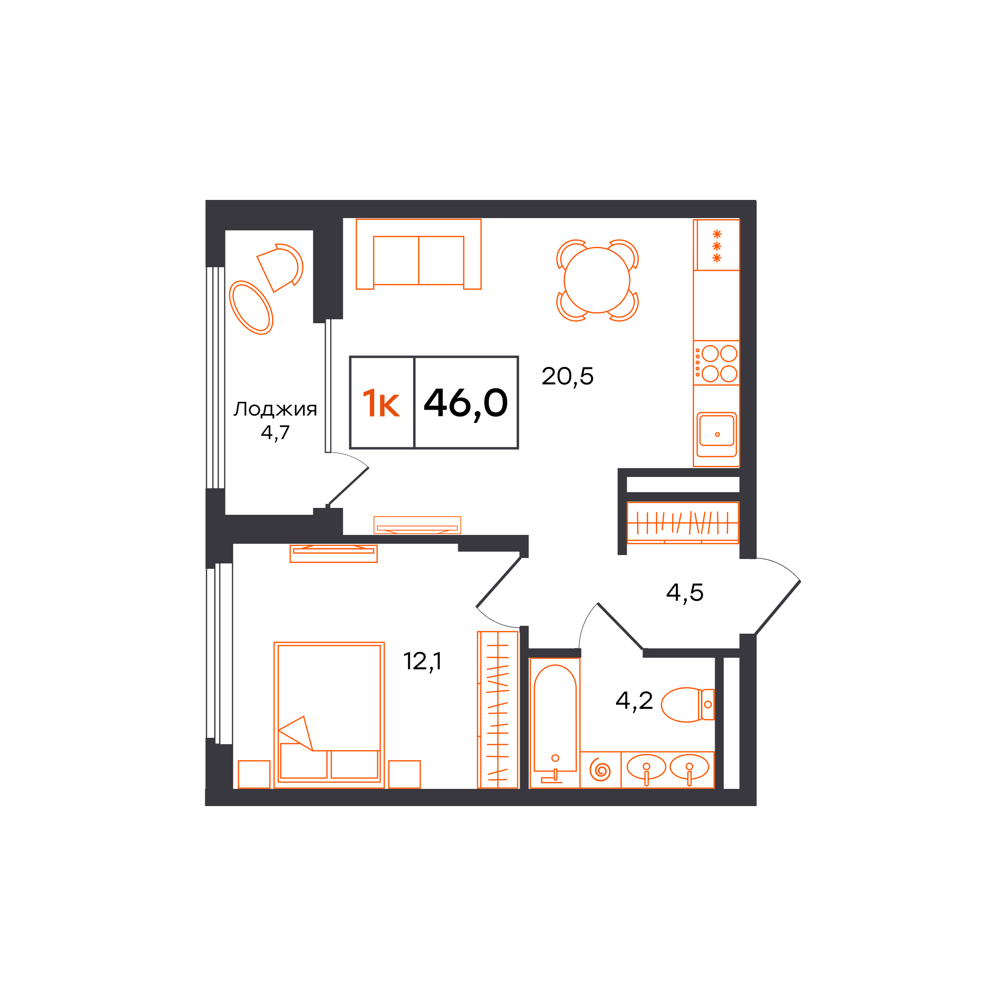 1-комнатная 46 м2 в ЖК Александровский корпус null этаж 6