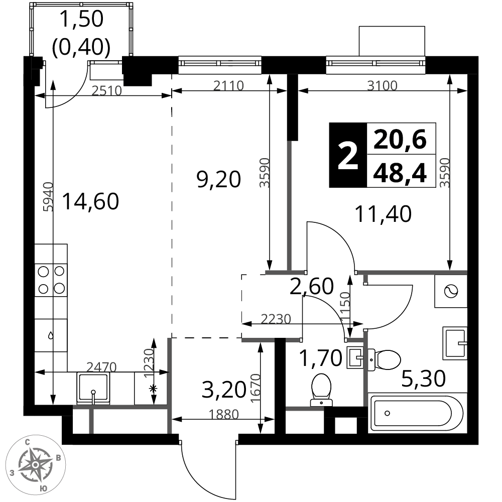 2-комнатная 48 м2 в ЖК 1-й Химкинский корпус null этаж 3