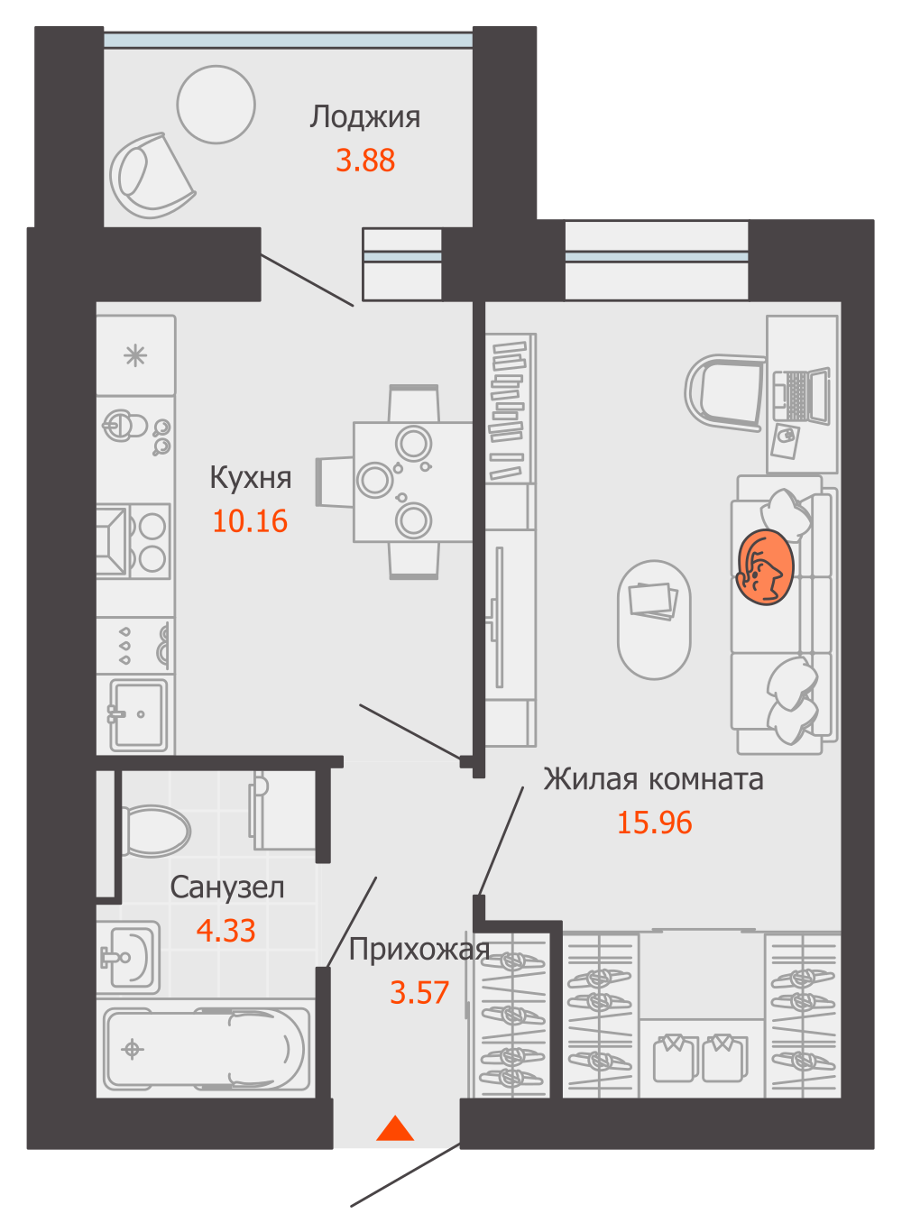 1-комнатная 36 м2 в ЖК ZNAK корпус null этаж 6