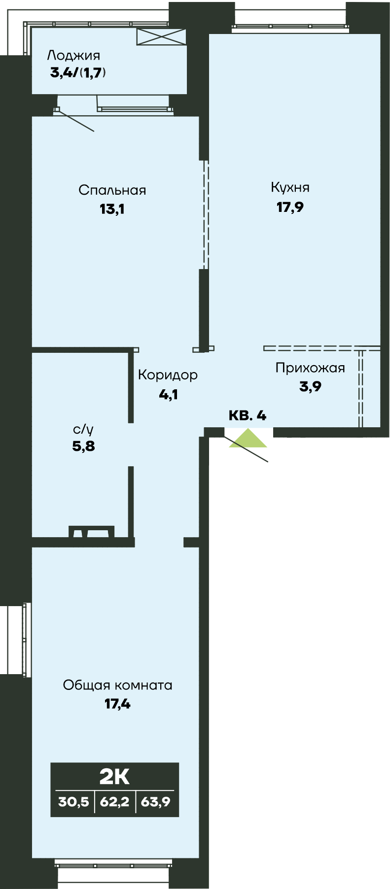 2-комнатная 63 м2 в ЖК Гренландия корпус null этаж 11