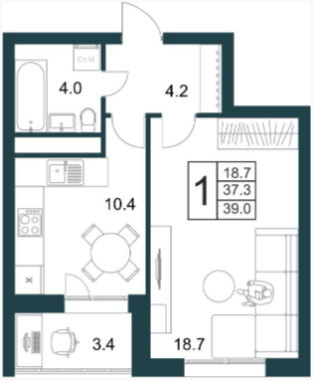 1-комнатная 39 м2 в ЖК undefined корпус null этаж 8