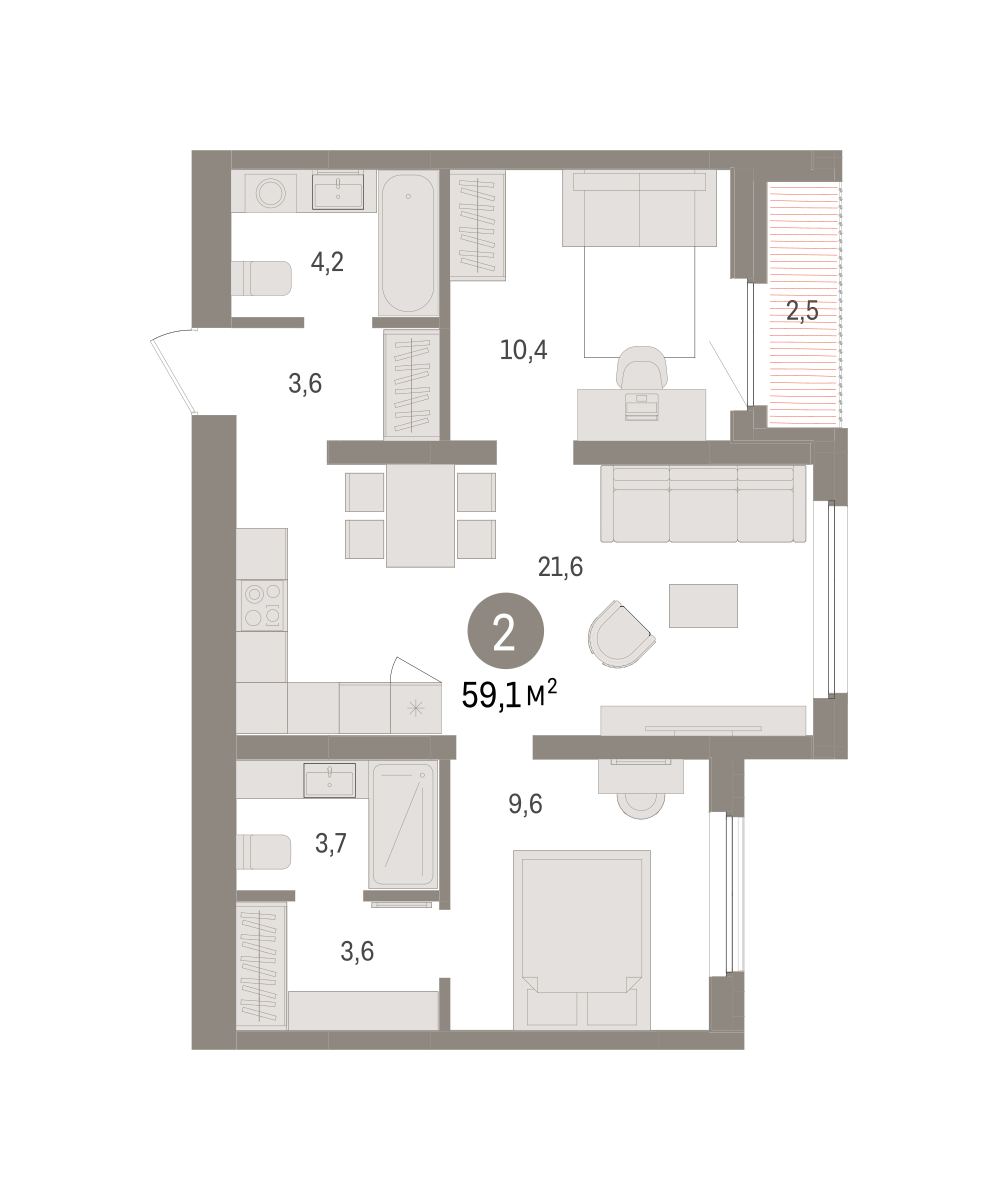 2-комнатная 59 м2 в ЖК Зарека корпус null этаж 7