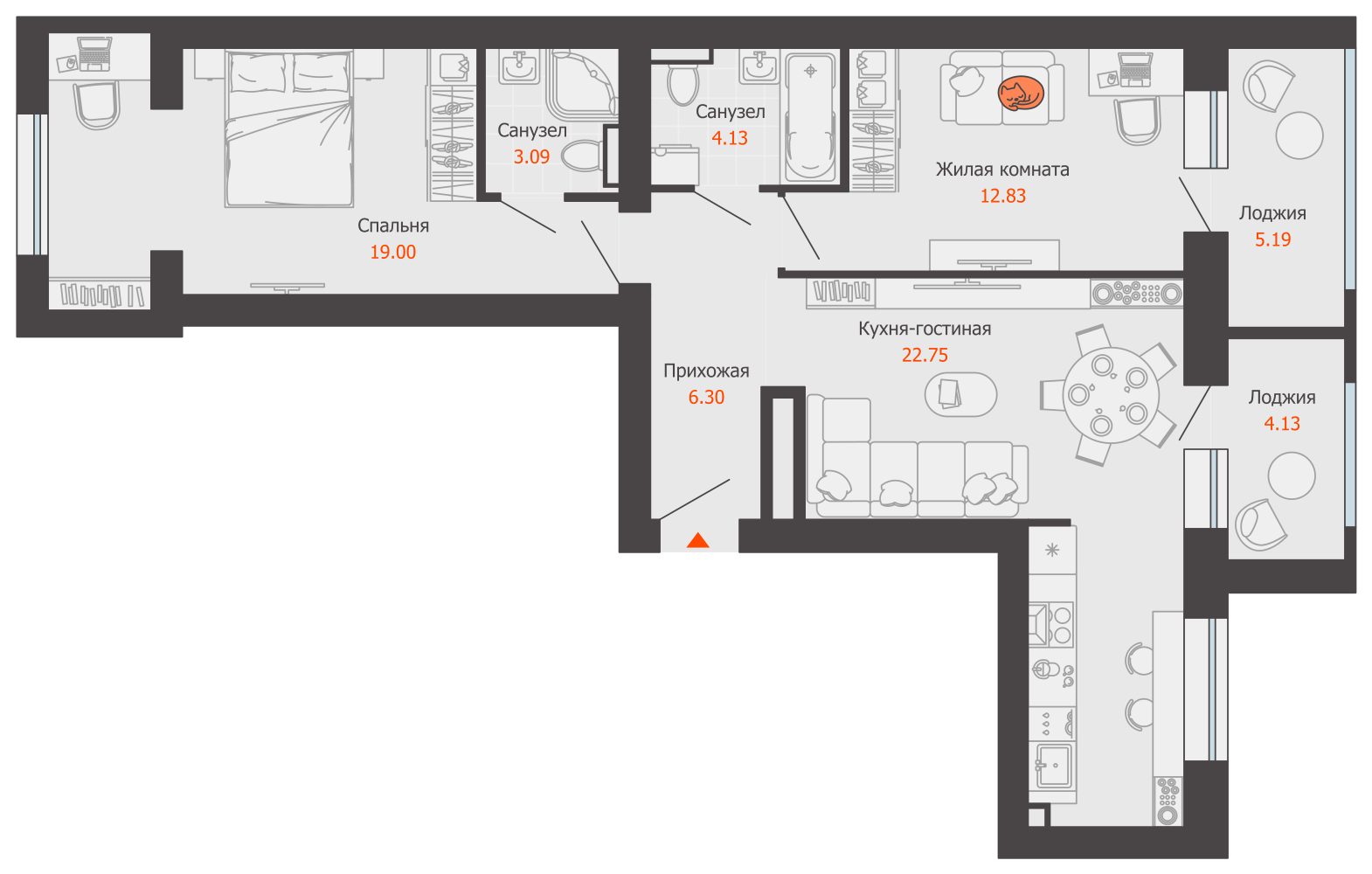 3-комнатная 73 м2 в ЖК Камаполис корпус null этаж 7