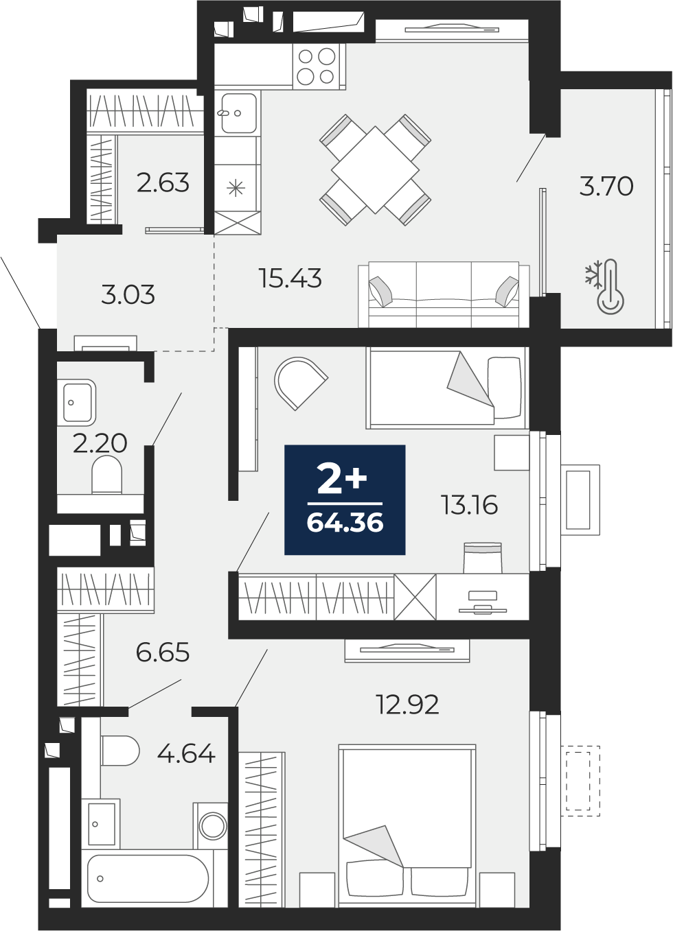 2-комнатная 60 м2 в ЖК Беринг корпус null этаж 3