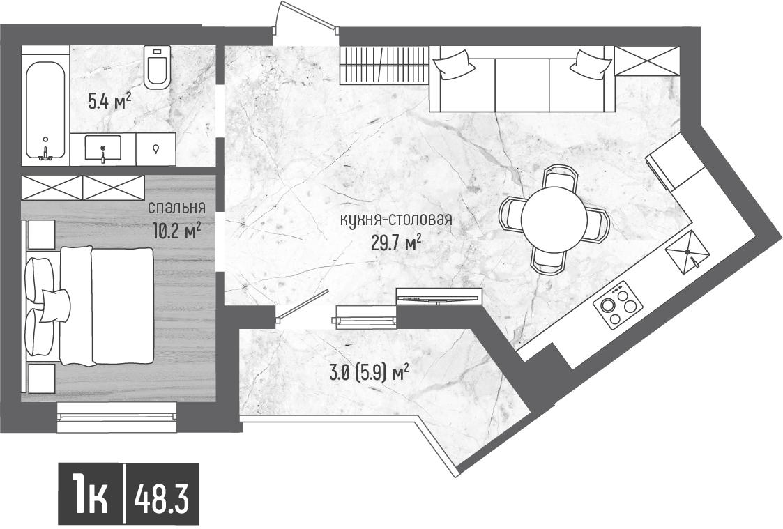 1-комнатная 48 м2 в ЖК Морена корпус null этаж 2