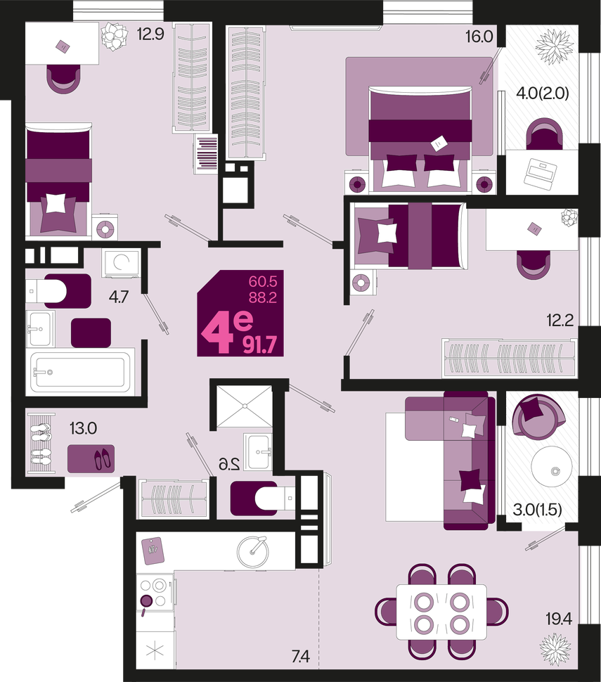 1-комнатная 91.7 м2 в ЖК undefined корпус null этаж 18