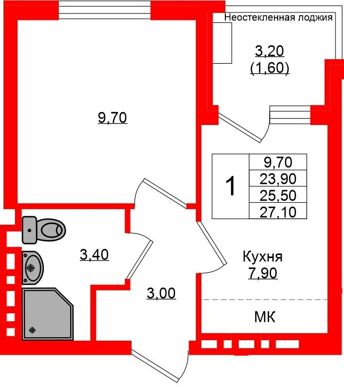 1-комнатная 25 м2 в ЖК Кроны и Волны корпус null этаж 4