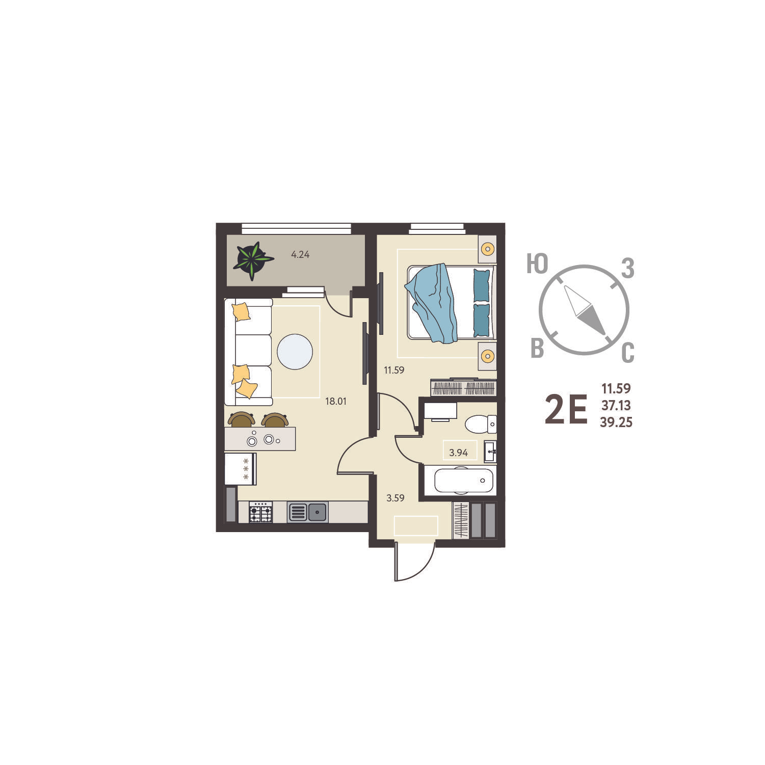 1-комнатная 39 м2 в ЖК Инстеп.Сити корпус null этаж 4