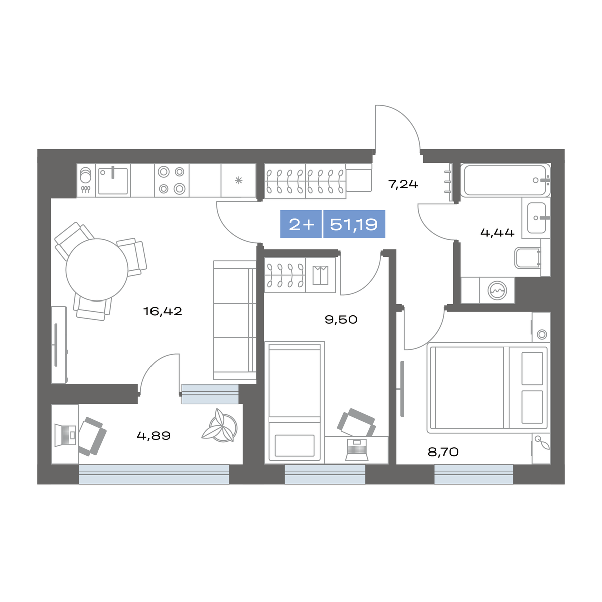 2-комнатная 51 м2 в ЖК Пятнашка корпус null этаж 1