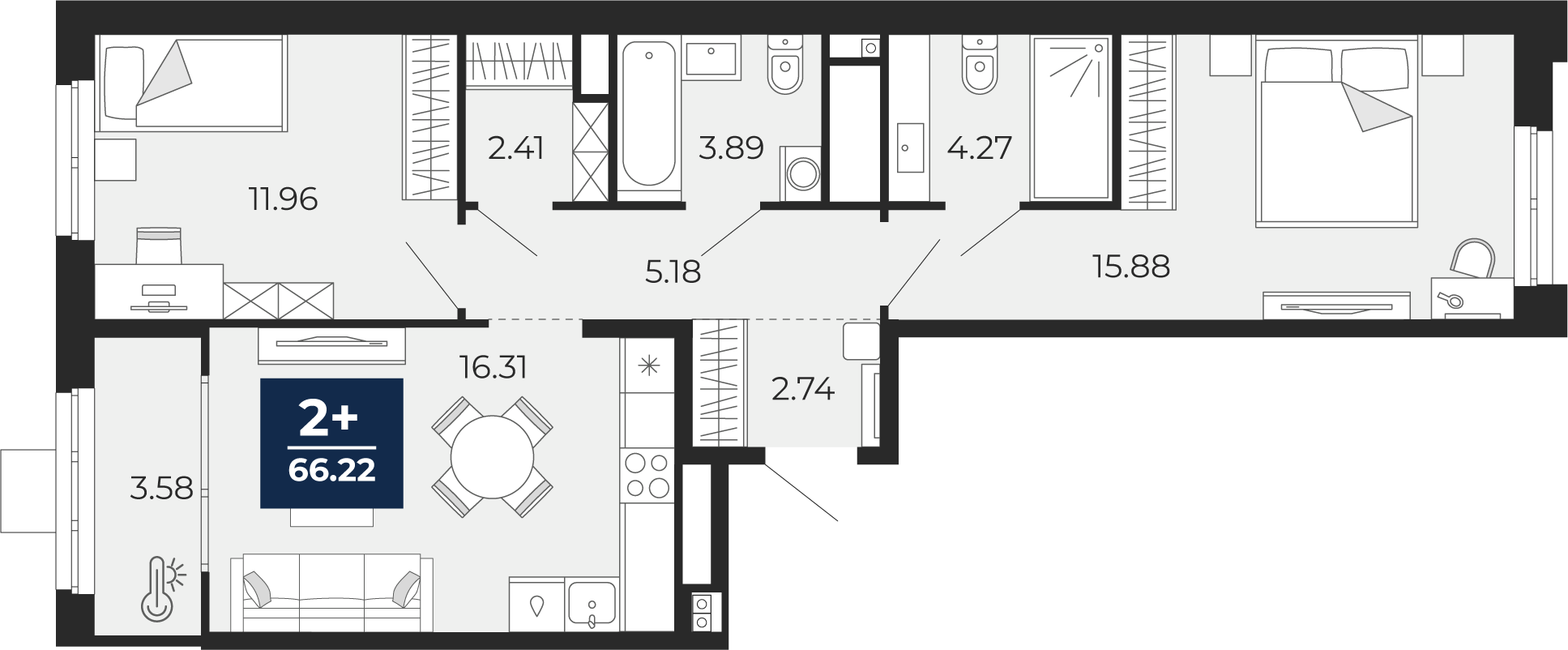 2-комнатная 66 м2 в ЖК Мириады корпус null этаж 2