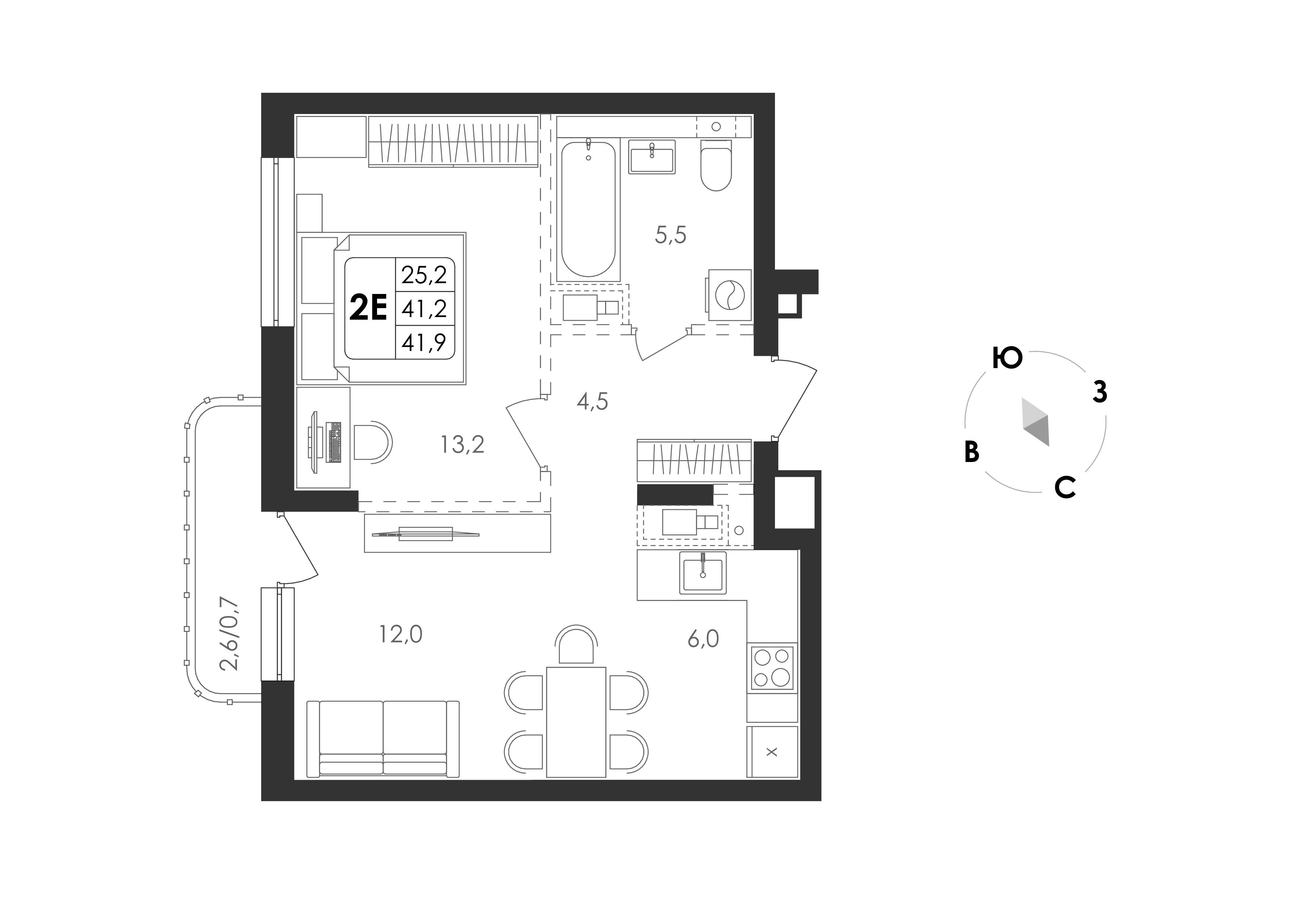 2-комнатная 41 м2 в ЖК Циолковский корпус null этаж 4