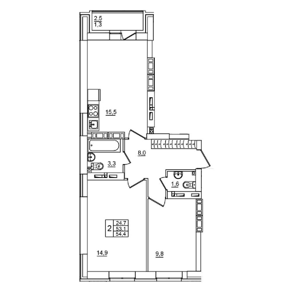 2-комнатная 54 м2 в ЖК Сталь корпус null этаж 12