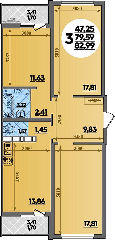 3-комнатная 82 м2 в ЖК Платовский корпус null этаж 8