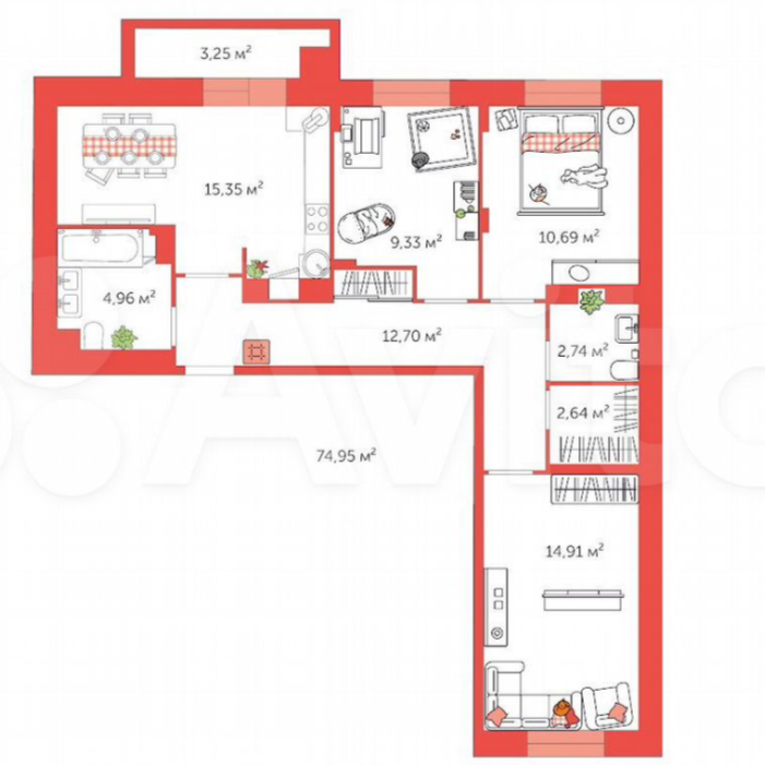 3-комнатная 75 м2 в ЖК undefined корпус null этаж 1