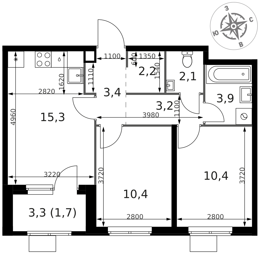 2-комнатная 52 м2 в ЖК 1-й Химкинский корпус null этаж 2