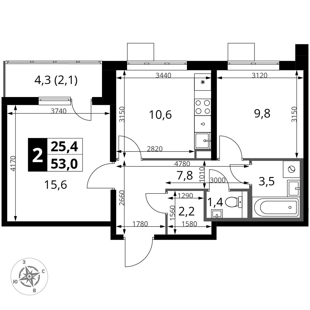 2-комнатная 53 м2 в ЖК 1-й Южный корпус null этаж 25