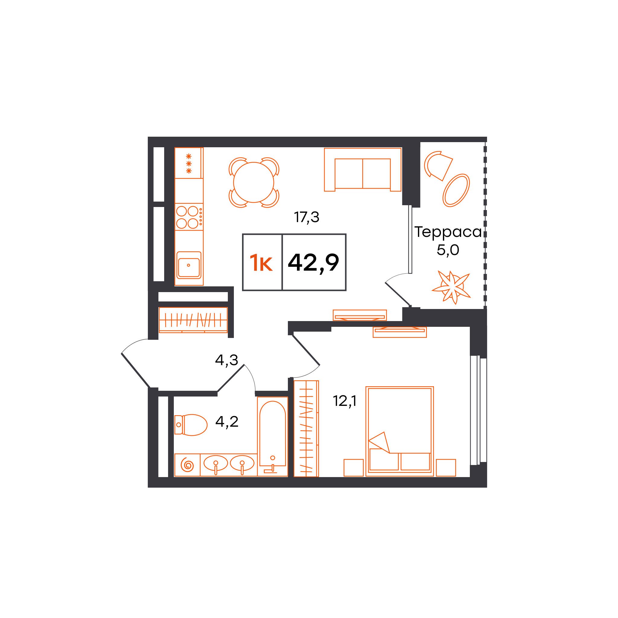 1-комнатная 42 м2 в ЖК Александровский корпус null этаж 9