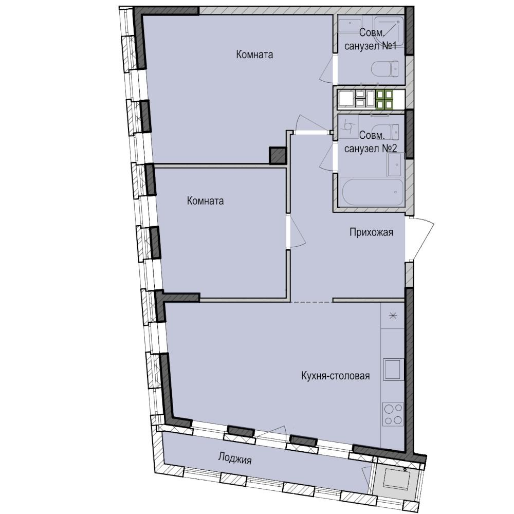 2-комнатная 61 м2 в ЖК Унай корпус null этаж 3
