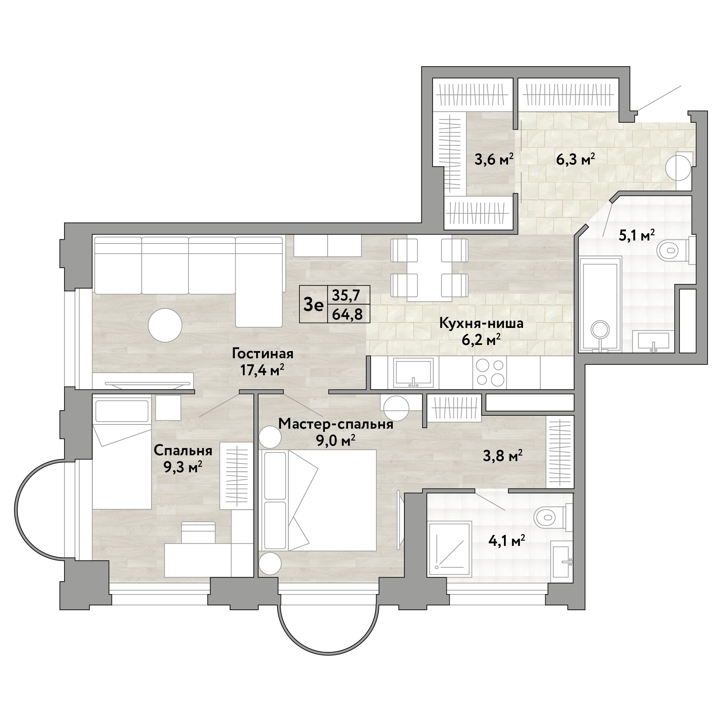2-комнатная 64 м2 в ЖК Новые Смыслы корпус null этаж 5