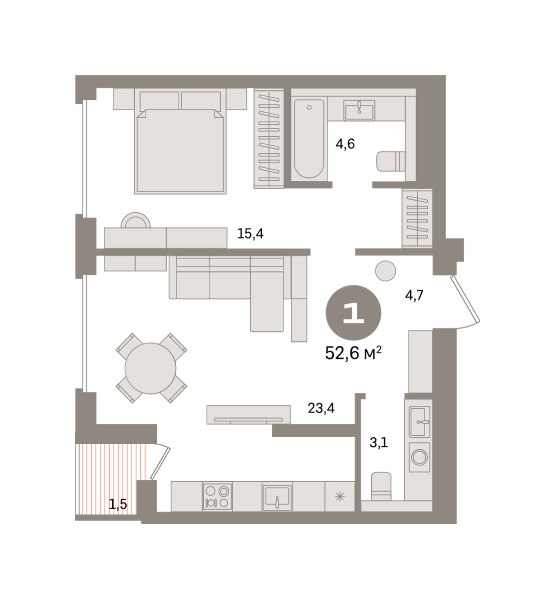 1-комнатная 52 м2 в ЖК Северный ветер корпус null этаж 7