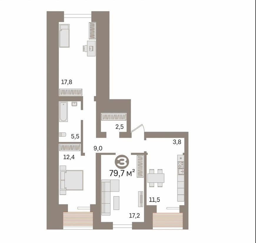 3-комнатная 79.5 м2 в ЖК undefined корпус null этаж 7