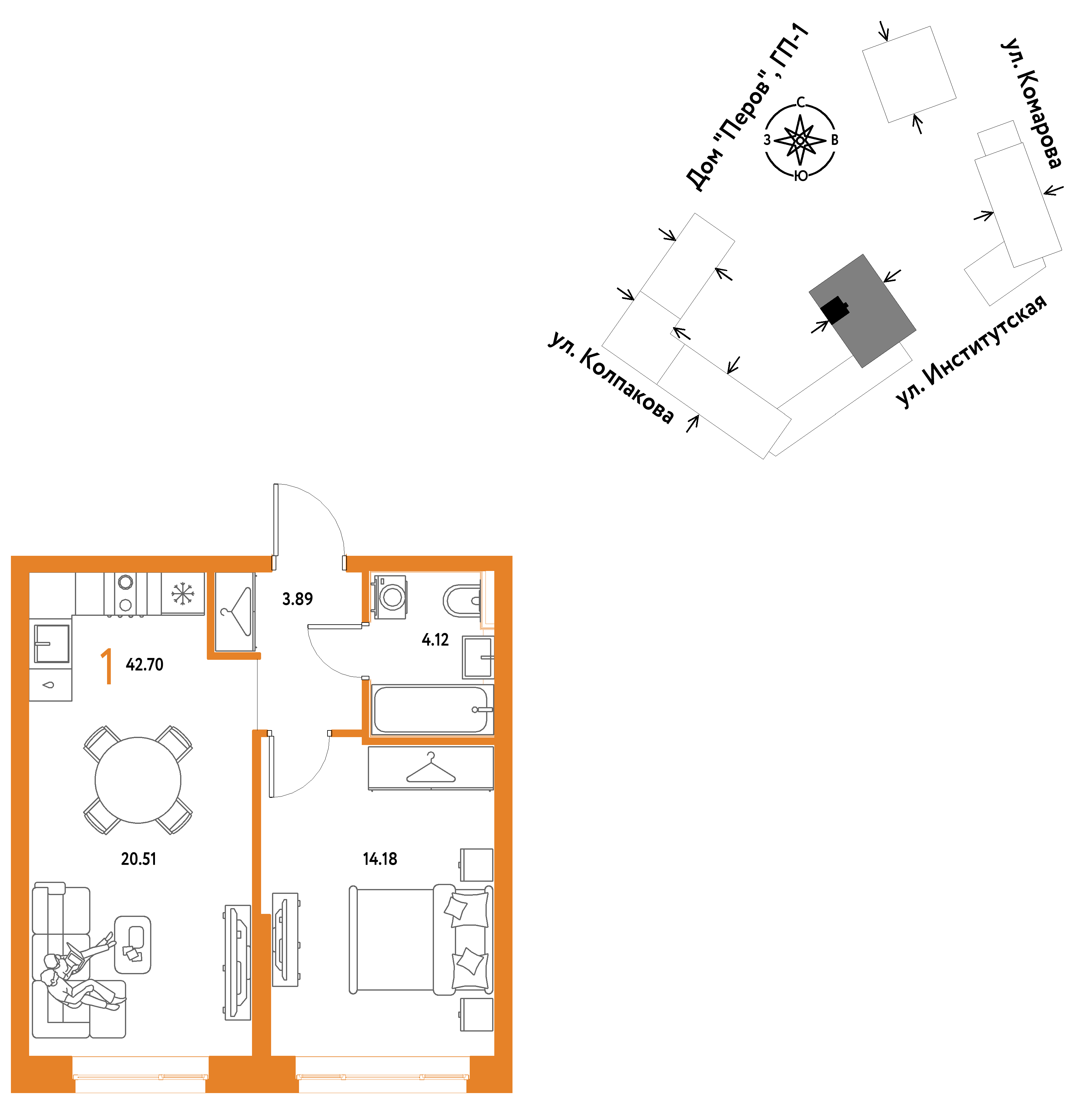 1-комнатная 42 м2 в ЖК Страна.Парковая корпус null этаж 12