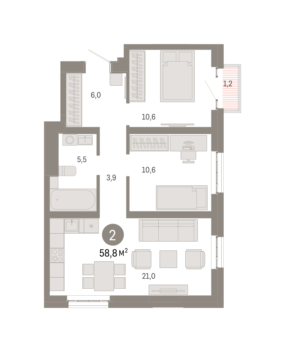 2-комнатная 58 м2 в ЖК Метроном корпус null этаж 18